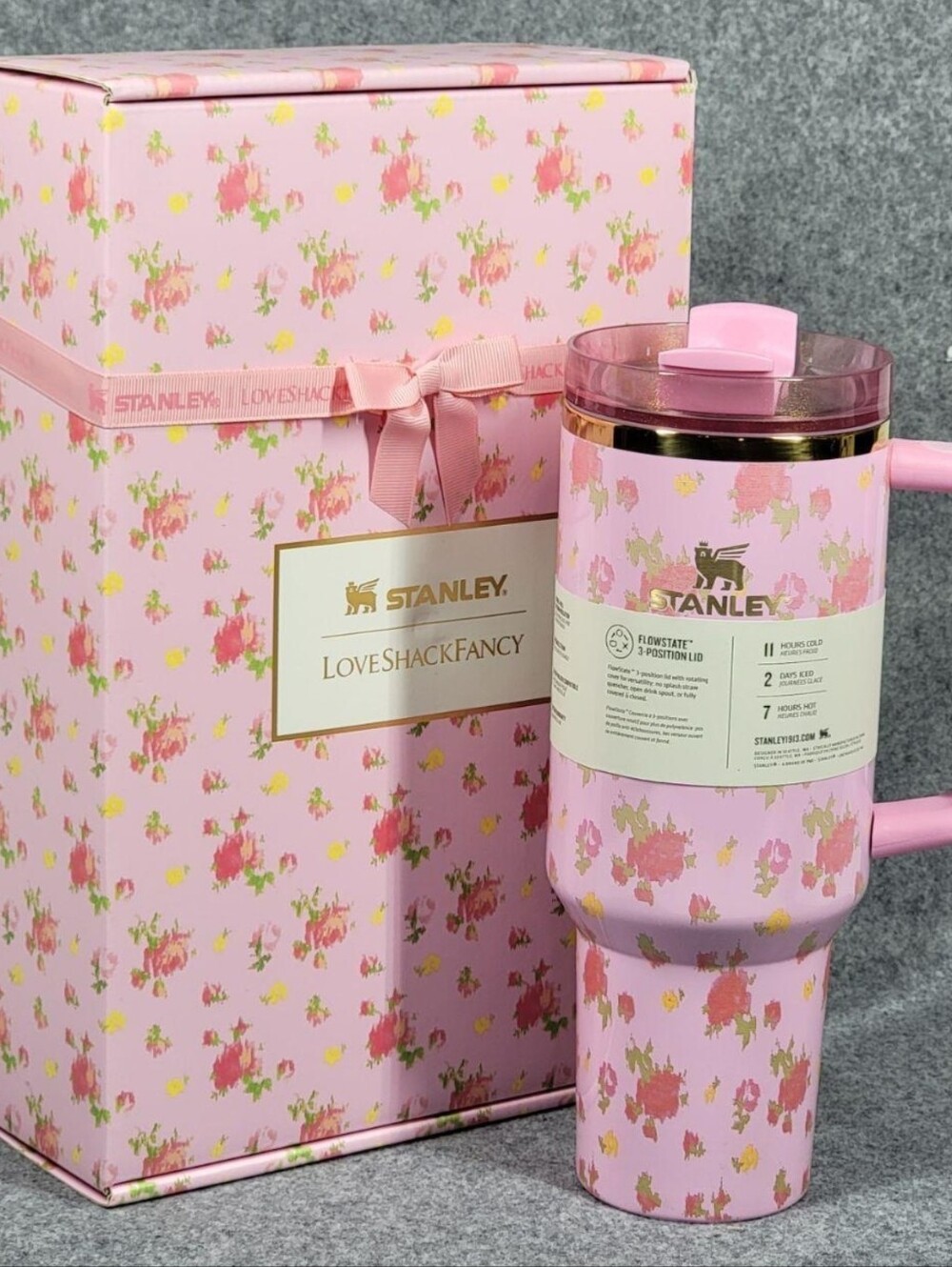 Stanley Pink Floral Travel Tumbler with Handle